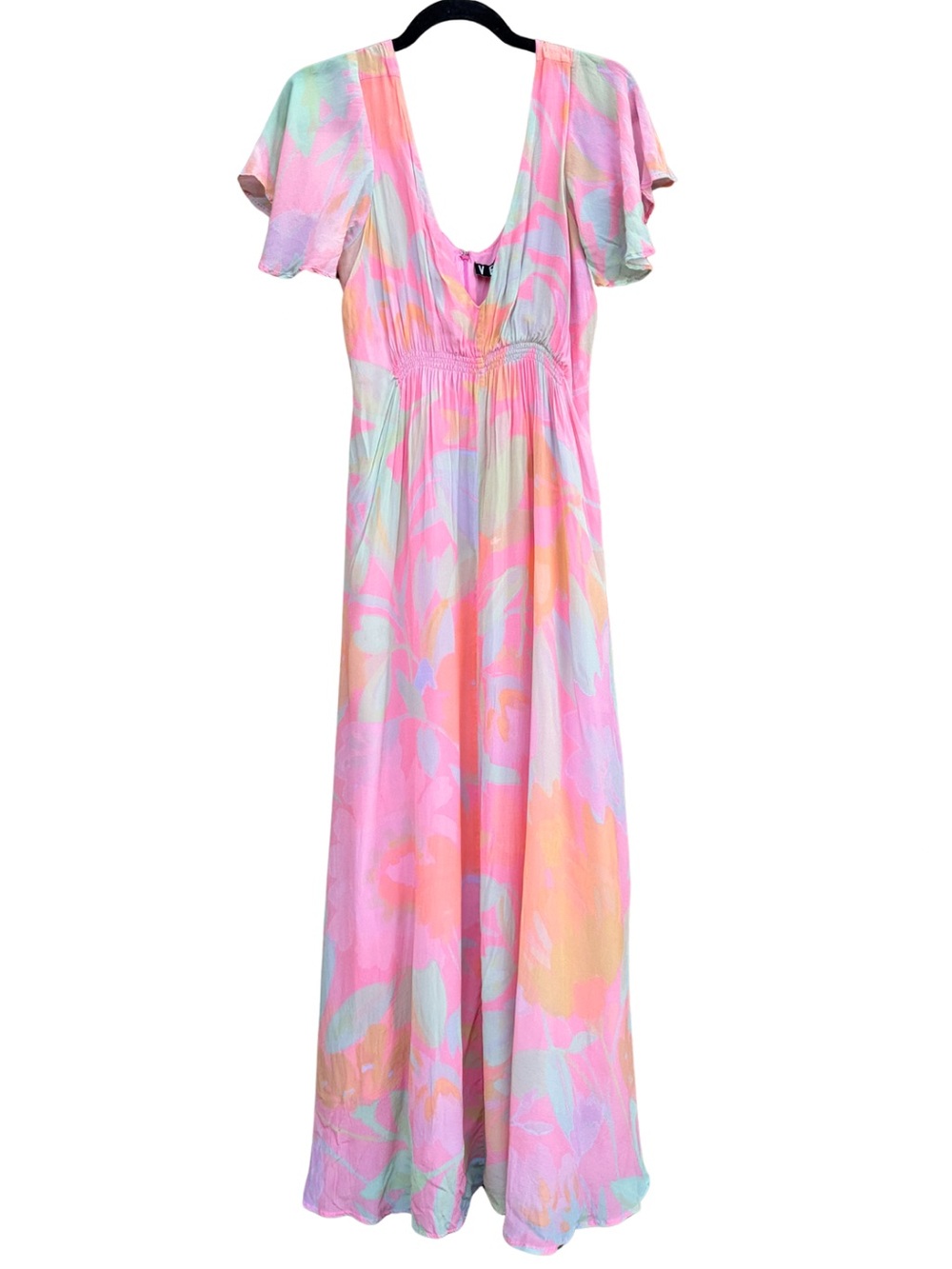 Veda Pastel Pink Watercolor Floral Flutter Sleeve Smocked Empire Maxi Dress L